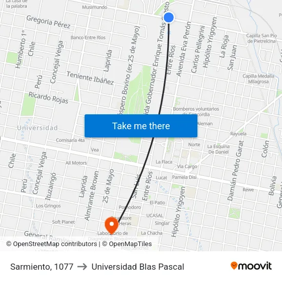 Sarmiento, 1077 to Universidad Blas Pascal map
