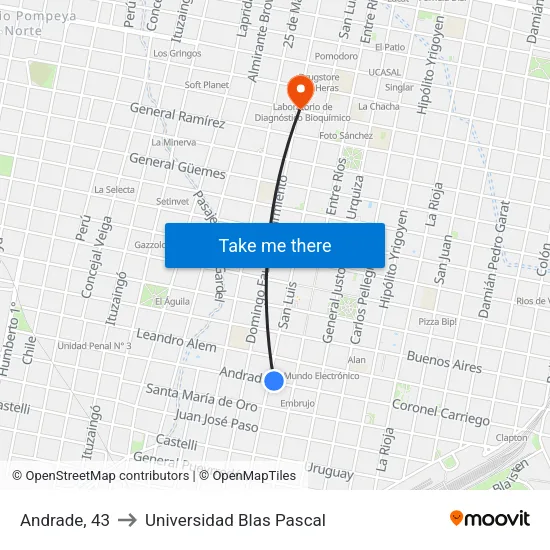 Andrade, 43 to Universidad Blas Pascal map