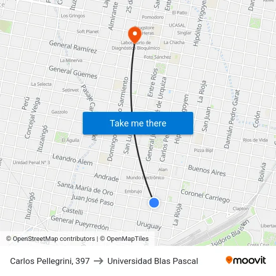 Carlos Pellegrini, 397 to Universidad Blas Pascal map