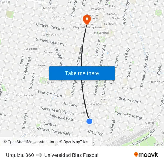 Urquiza, 360 to Universidad Blas Pascal map