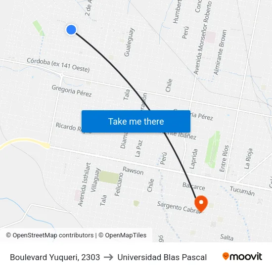 Boulevard Yuqueri, 2303 to Universidad Blas Pascal map