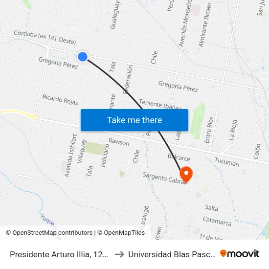 Presidente Arturo Illia, 1212 to Universidad Blas Pascal map