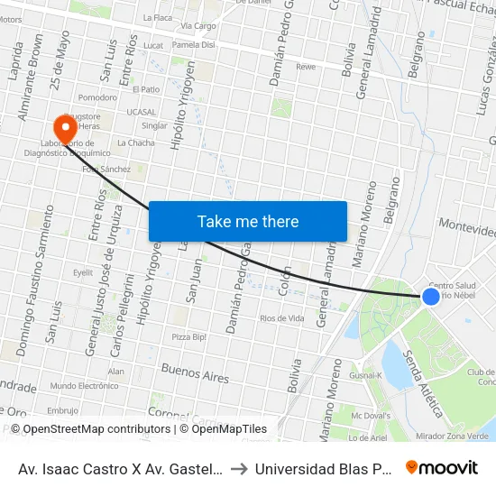 Av. Isaac Castro X Av. Gastelacoto to Universidad Blas Pascal map