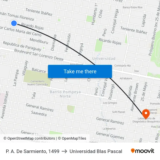 P. A. De Sarmiento, 1499 to Universidad Blas Pascal map
