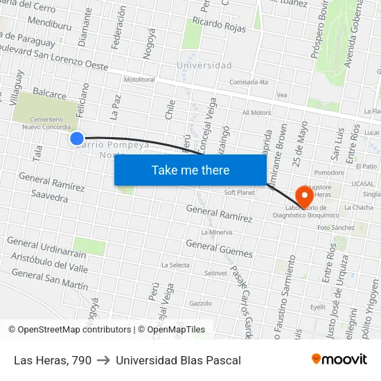 Las Heras, 790 to Universidad Blas Pascal map