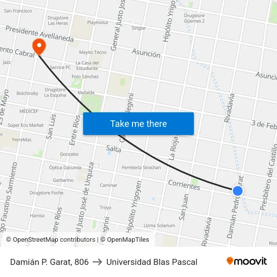 Damián P. Garat, 806 to Universidad Blas Pascal map