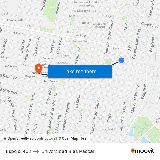 Espejo, 462 to Universidad Blas Pascal map