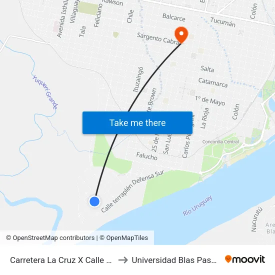 Carretera La Cruz X Calle 71 to Universidad Blas Pascal map