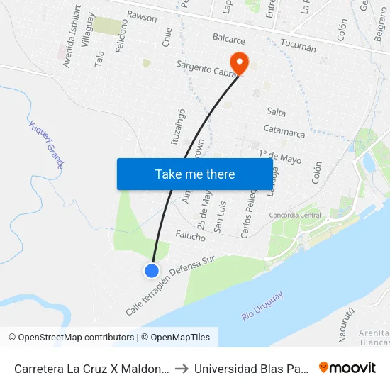 Carretera La Cruz X Maldonado to Universidad Blas Pascal map