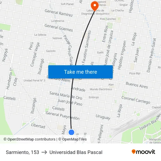 Sarmiento, 153 to Universidad Blas Pascal map