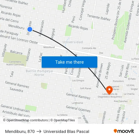 Mendiburu, 870 to Universidad Blas Pascal map