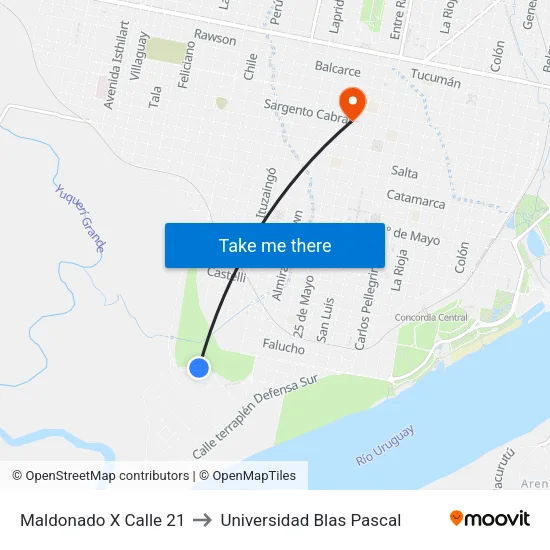 Maldonado X Calle 21 to Universidad Blas Pascal map