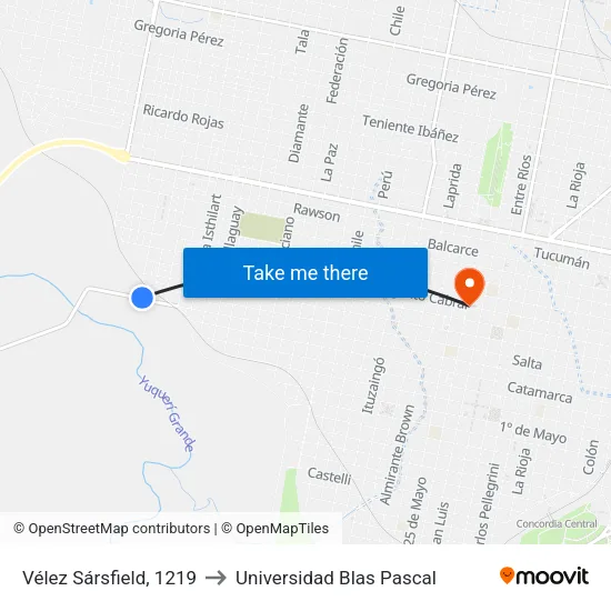 Vélez Sársfield, 1219 to Universidad Blas Pascal map