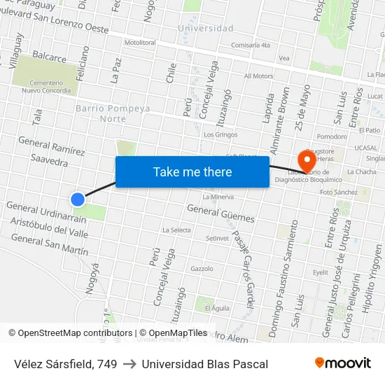 Vélez Sársfield, 749 to Universidad Blas Pascal map