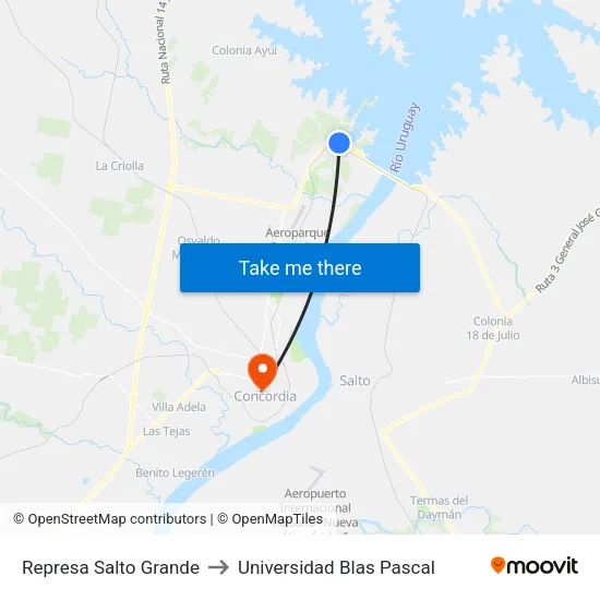 Represa Salto Grande to Universidad Blas Pascal map