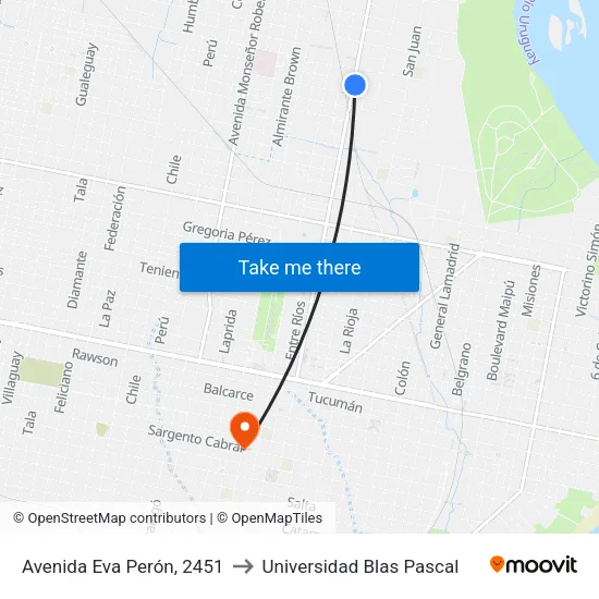 Avenida Eva Perón, 2451 to Universidad Blas Pascal map
