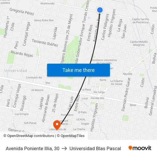 Avenida Poniente Illia, 30 to Universidad Blas Pascal map