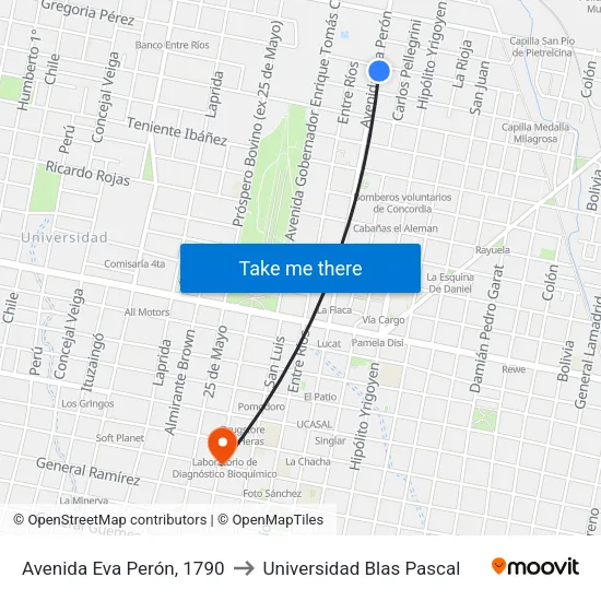 Avenida Eva Perón, 1790 to Universidad Blas Pascal map