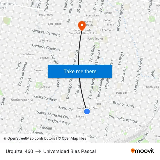 Urquiza, 460 to Universidad Blas Pascal map
