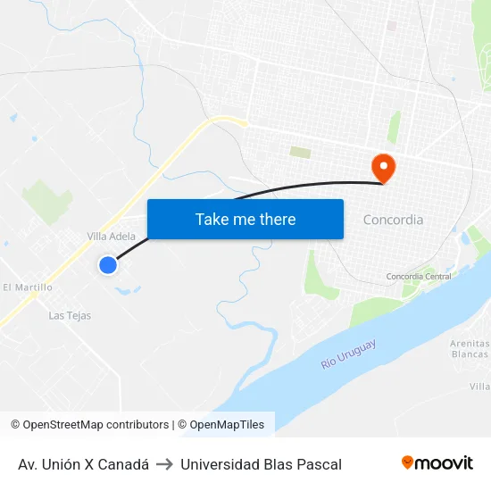 Av. Unión X Canadá to Universidad Blas Pascal map