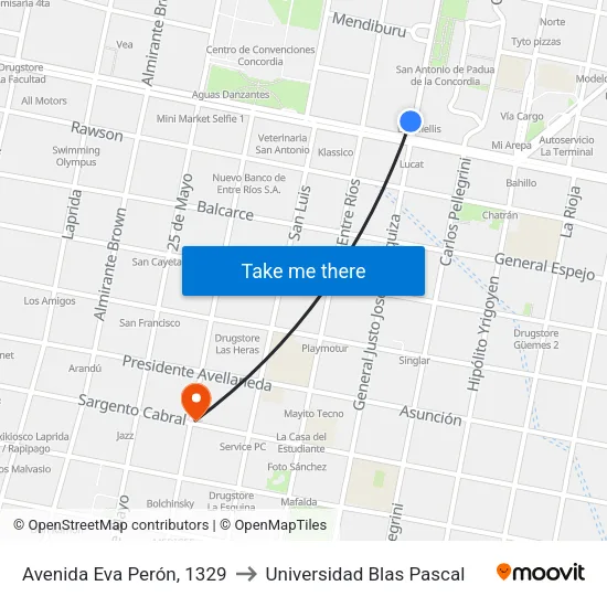 Avenida Eva Perón, 1329 to Universidad Blas Pascal map