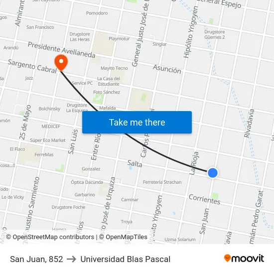 San Juan, 852 to Universidad Blas Pascal map