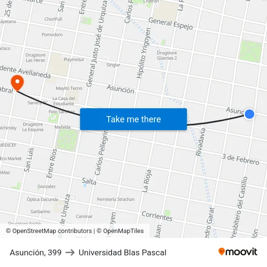 Asunción, 399 to Universidad Blas Pascal map