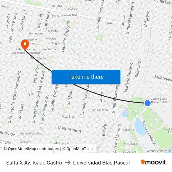 Salta X Av. Isaac Castro to Universidad Blas Pascal map