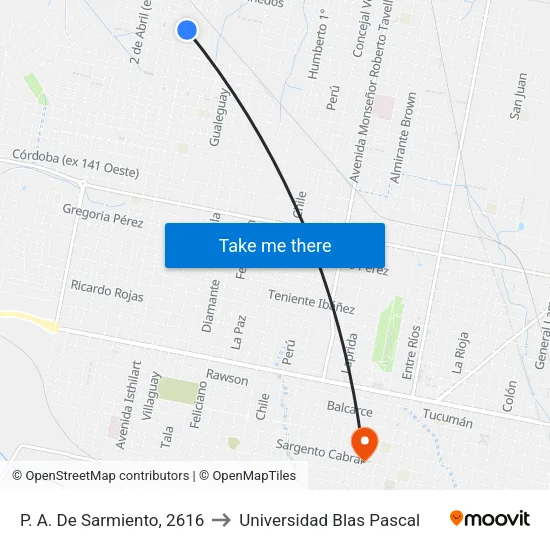 P. A. De Sarmiento, 2616 to Universidad Blas Pascal map
