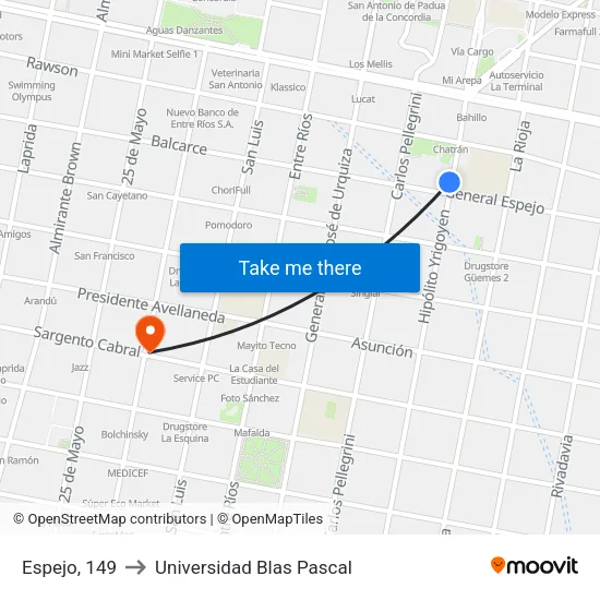 Espejo, 149 to Universidad Blas Pascal map