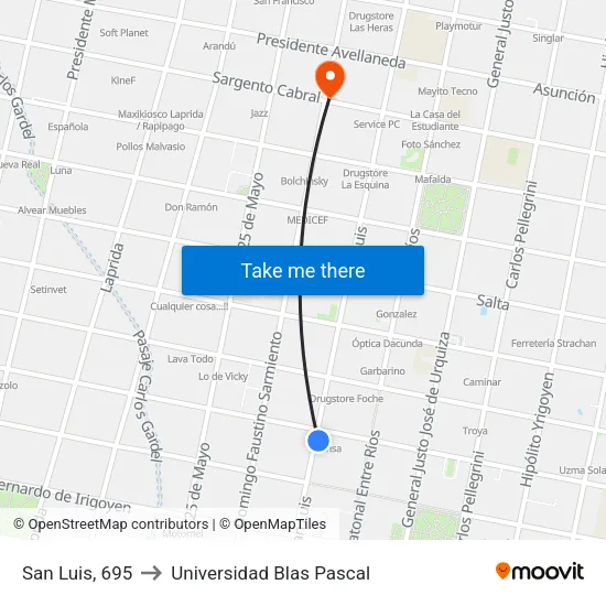San Luis, 695 to Universidad Blas Pascal map