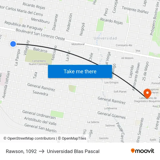 Rawson, 1092 to Universidad Blas Pascal map
