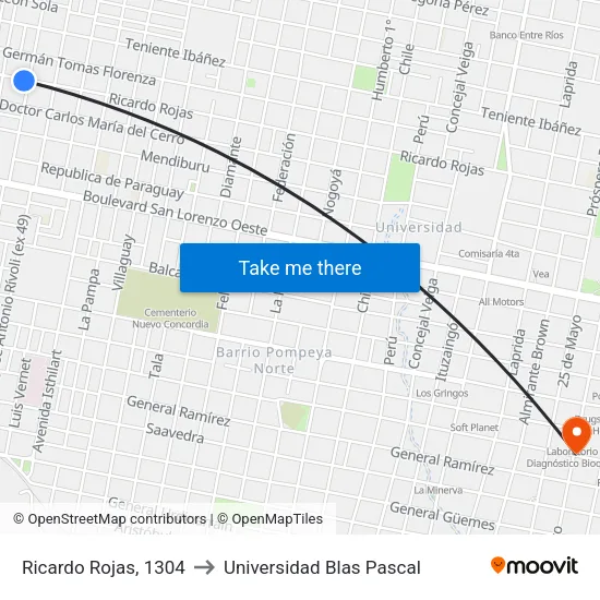 Ricardo Rojas, 1304 to Universidad Blas Pascal map