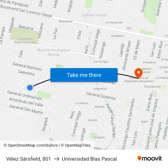 Vélez Sársfield, 801 to Universidad Blas Pascal map