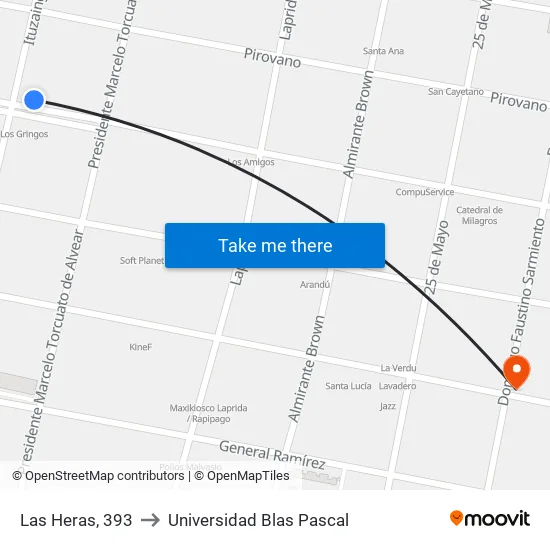 Las Heras, 393 to Universidad Blas Pascal map