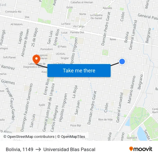 Bolivia, 1149 to Universidad Blas Pascal map