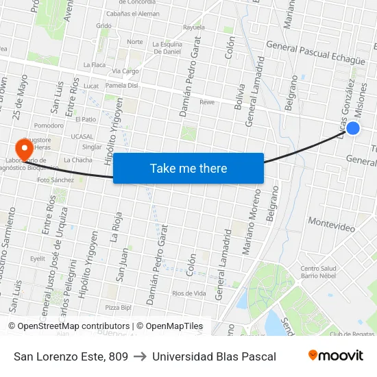 San Lorenzo Este, 809 to Universidad Blas Pascal map