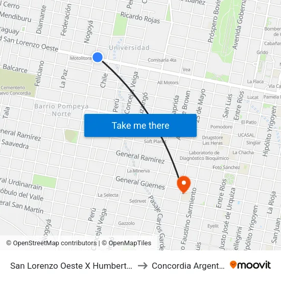 San Lorenzo Oeste X Humberto 1° to Concordia Argentina map