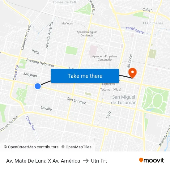 Av. Mate De Luna X Av. América to Utn-Frt map