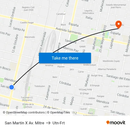 San Martín X Av. Mitre to Utn-Frt map