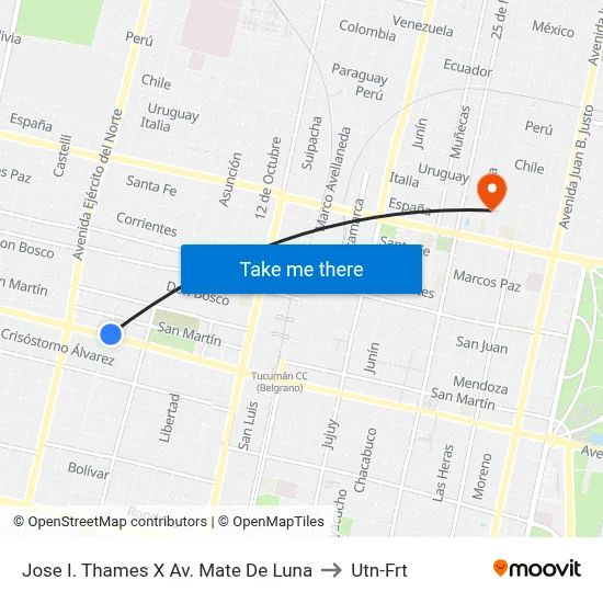 Jose I. Thames X Av. Mate De Luna to Utn-Frt map