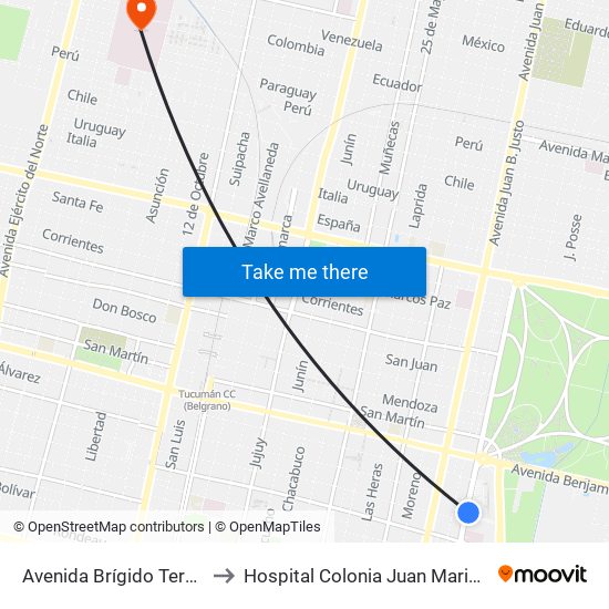 Avenida Brígido Terán, 250 to Hospital Colonia Juan Maria Obarrio map