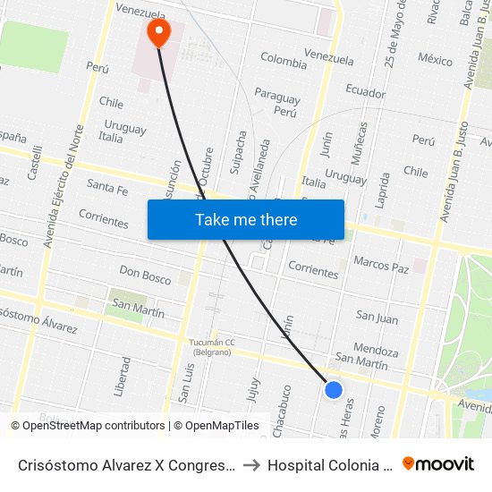 Crisóstomo Alvarez X Congreso De Tucumán (Casa Histórica) to Hospital Colonia Juan Maria Obarrio map