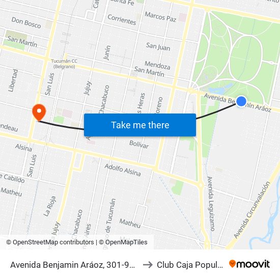 Avenida Benjamin Aráoz, 301-949 to Club Caja Popular map