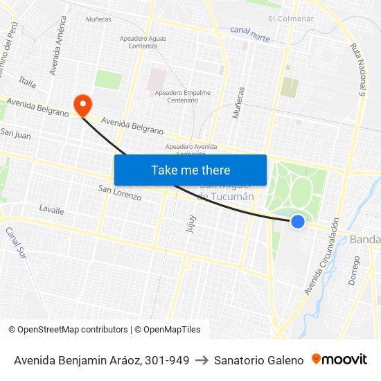 Avenida Benjamin Aráoz, 301-949 to Sanatorio Galeno map