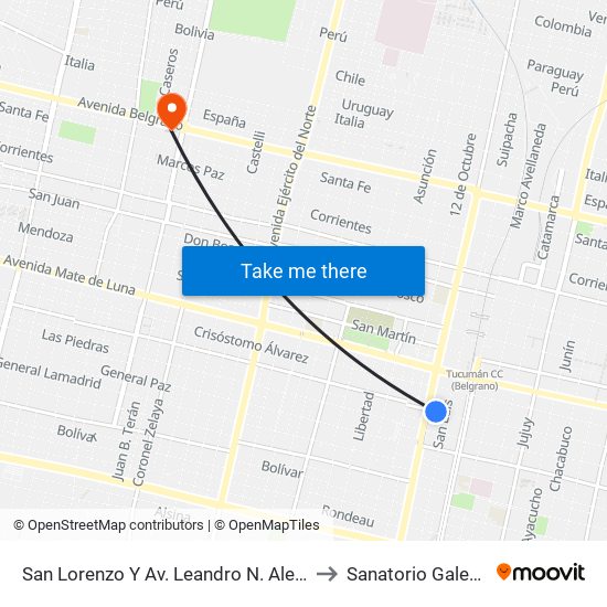 San Lorenzo Y Av. Leandro N. Alem to Sanatorio Galeno map