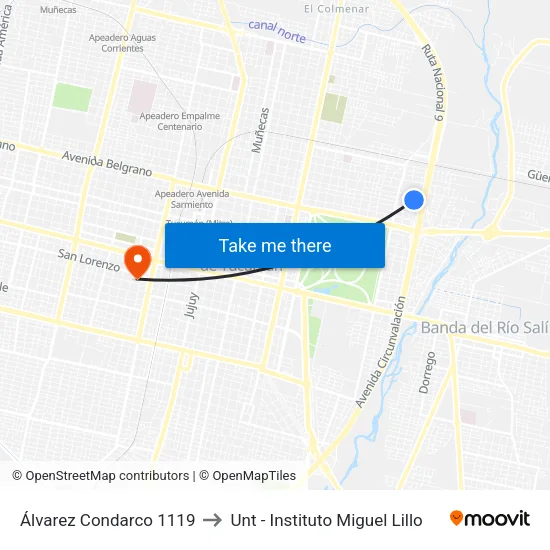 Álvarez Condarco 1119 to Unt - Instituto Miguel Lillo map