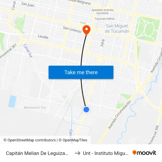 Capitán Melian De Leguizamo, 3205 to Unt - Instituto Miguel Lillo map