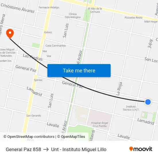 General Paz 858 to Unt - Instituto Miguel Lillo map
