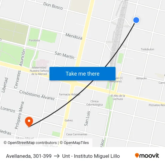 Avellaneda, 301-399 to Unt - Instituto Miguel Lillo map